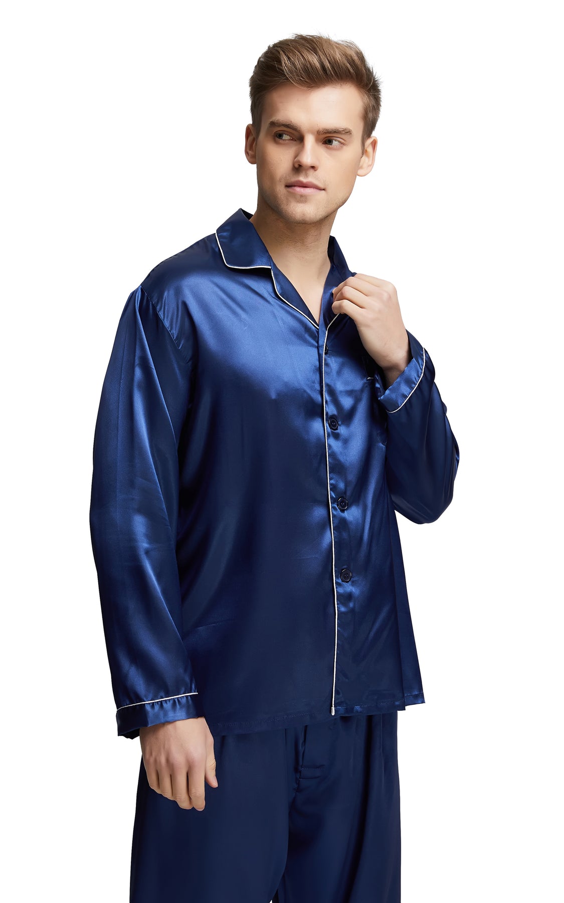 Mens Silk Satin Pajama Set Long Sleeve Navy Blue With White Piping Tony And Candice 