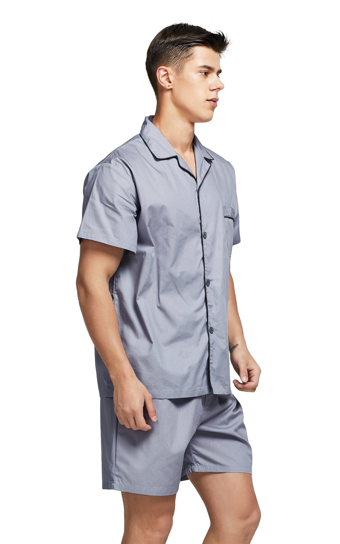 Men's Cotton Short Sleeve Woven Pajama Set-Gray with Black Piping ...