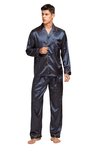 Men's Silk Satin Pajama Set Long Sleeve-Navy and Golden Diamond Squre ...