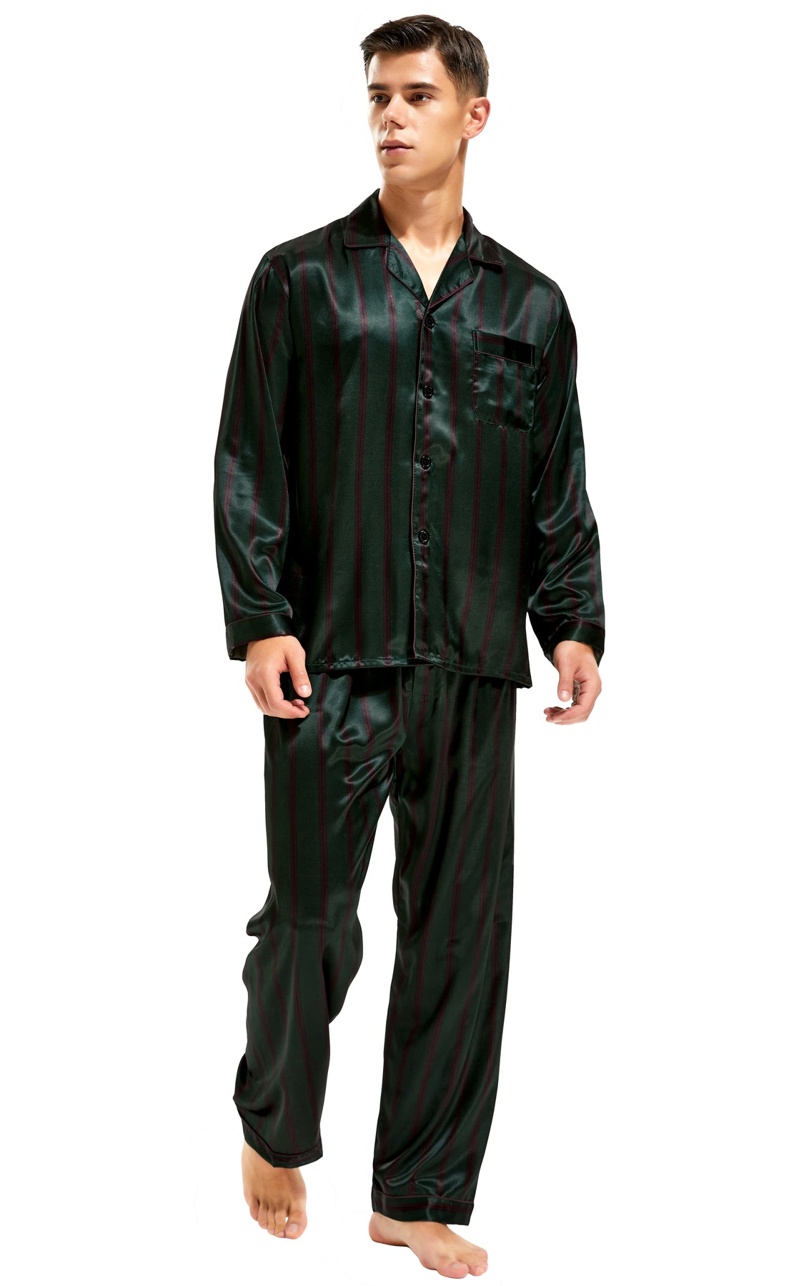 Men's Silk Satin Pajama Set Long Sleeve-Green and Burgundy Striped ...