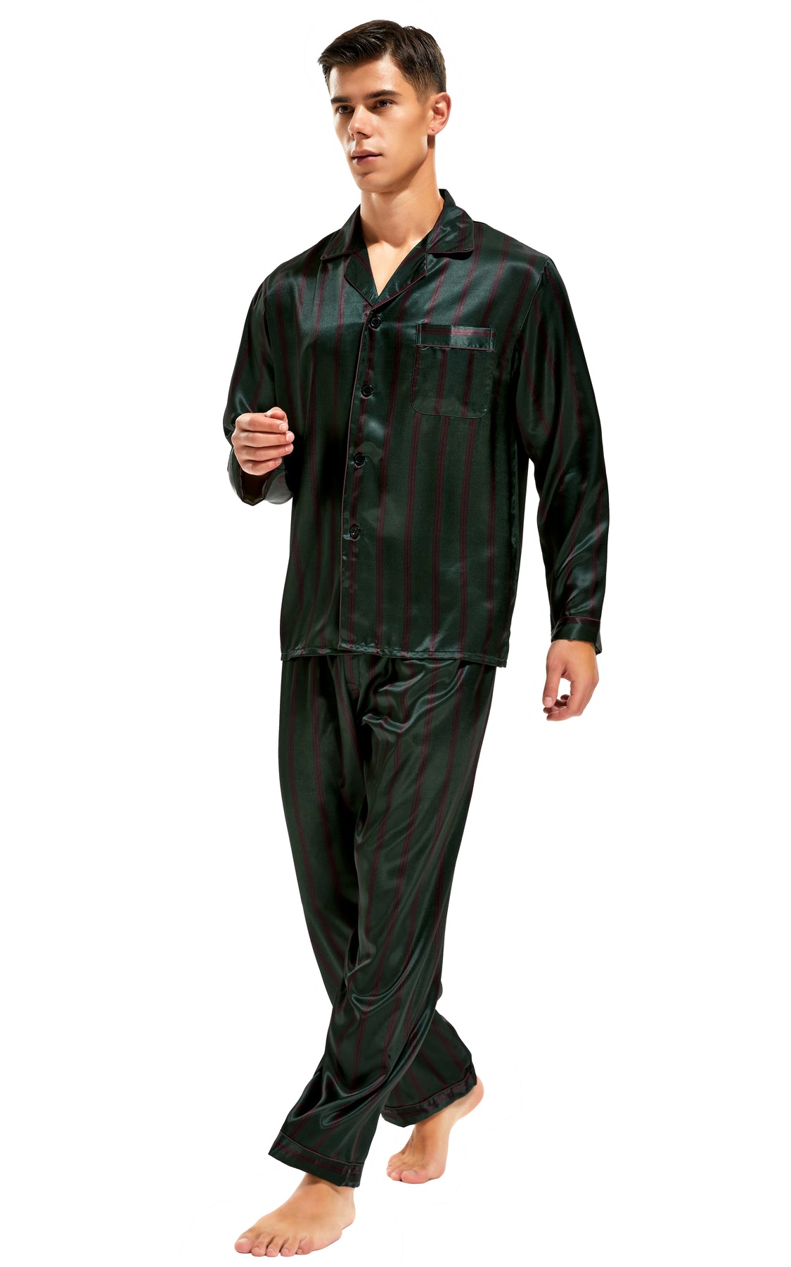 Men's Silk Satin Pajama Set Long Sleeve-Green and Burgundy Striped ...