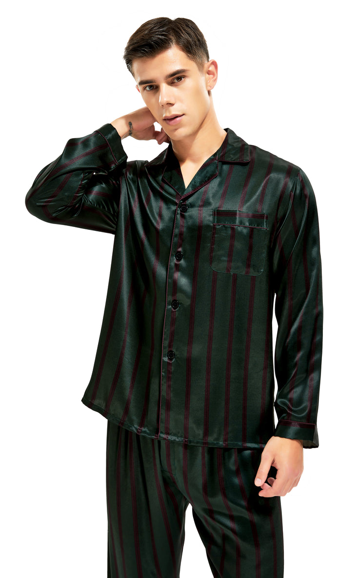 Men's Silk Satin Pajama Set Long Sleeve-Green and Burgundy Striped ...