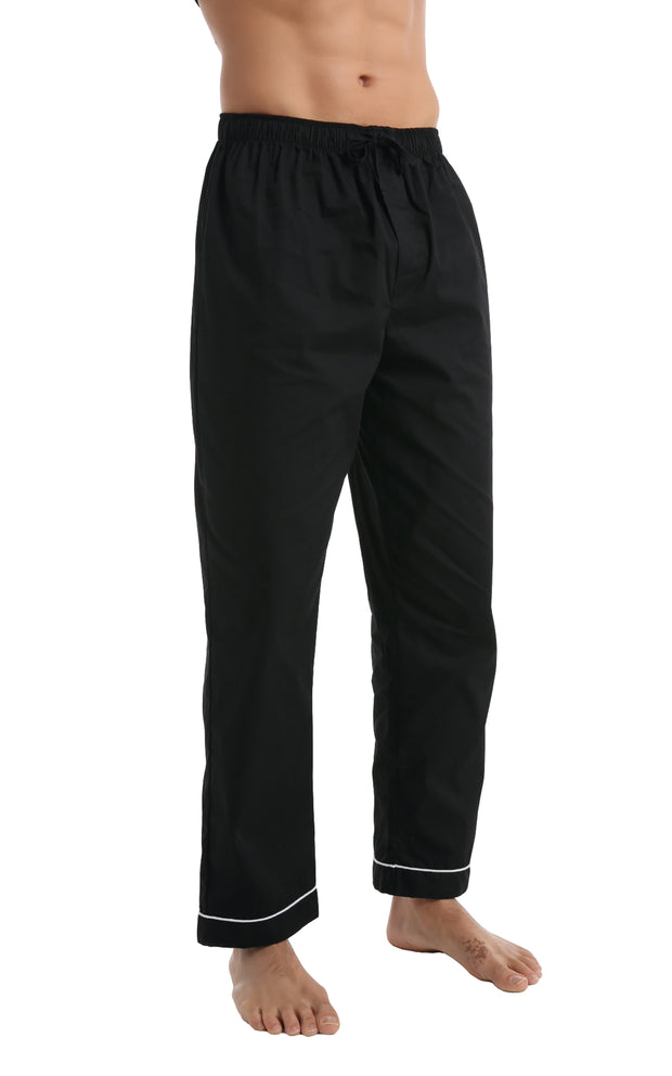 Men's Cotton Long Sleeve Woven Pajama Set-Black with White Piping