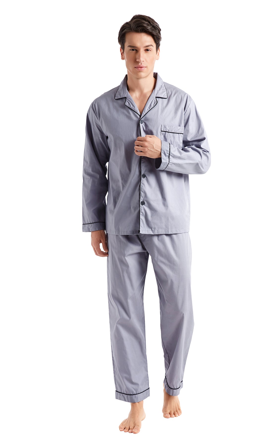 Men's Cotton Long Sleeve Woven Pajama Set-Gray with Black Piping – Tony ...