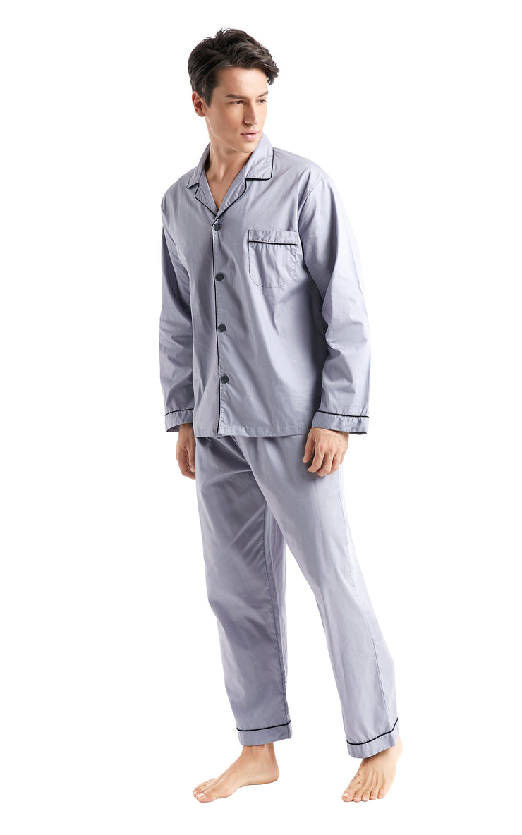 Men's Cotton Long Sleeve Woven Pajama Set-Gray with Black Piping – Tony ...