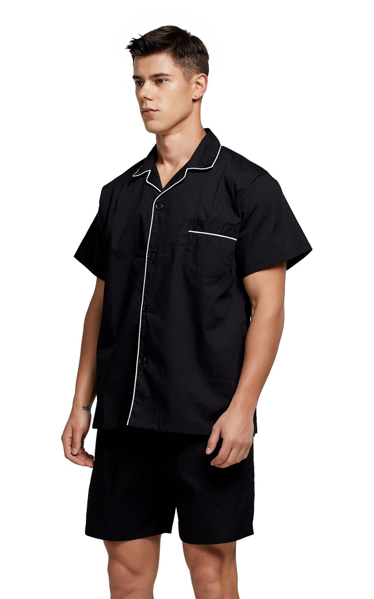 Men's Cotton Short Sleeve Woven Pajama Set-Black with White Piping ...