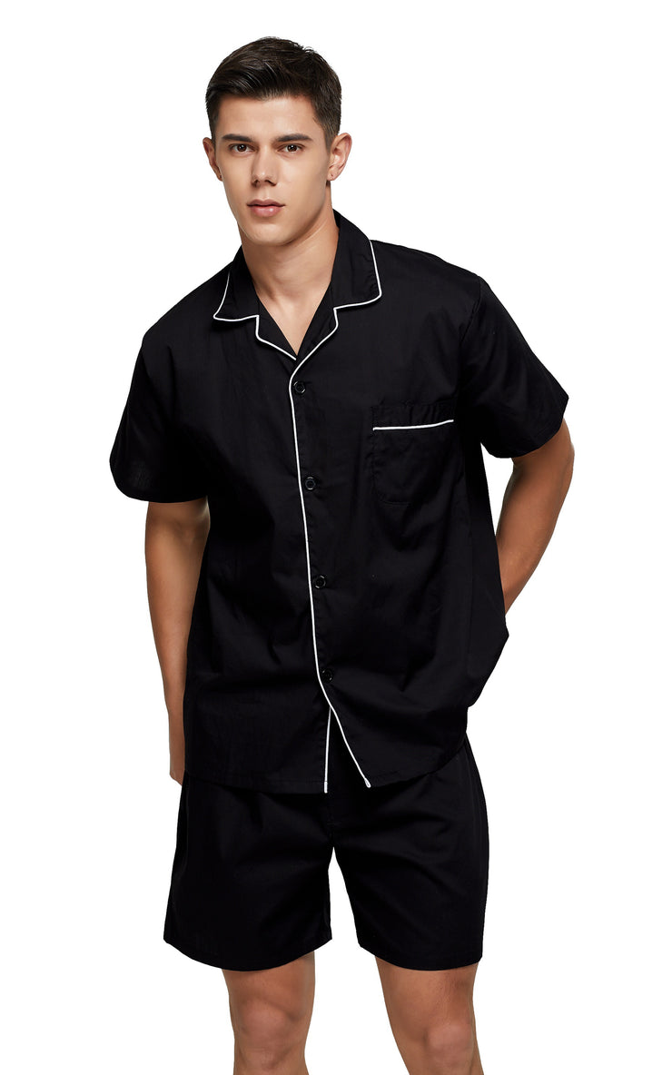 Men's Cotton Short Sleeve Woven Pajama Set-Black with White Piping ...
