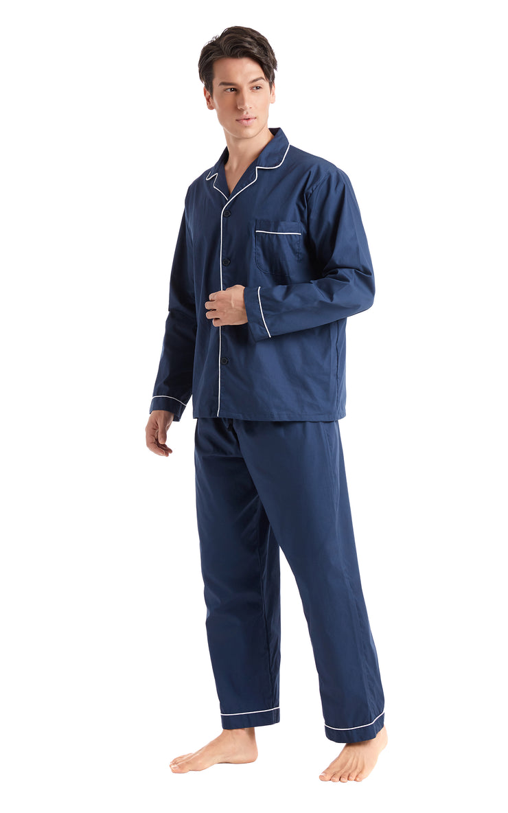 Men's Cotton Long Sleeve Woven Pajama Set-Navy Blue with White Piping ...