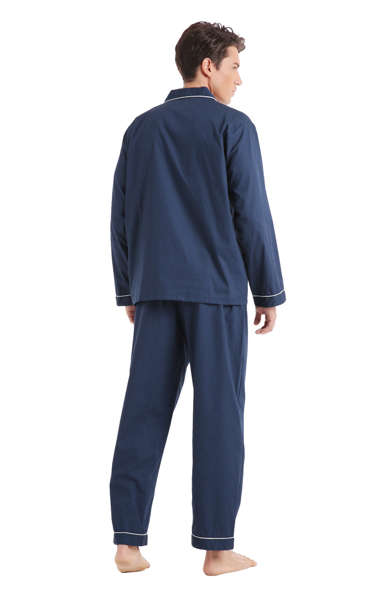 Men's Cotton Long Sleeve Woven Pajama Set-Navy Blue with White Piping ...