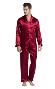 Men's Silk Satin Pajama Set Long Sleeve-Burgundy