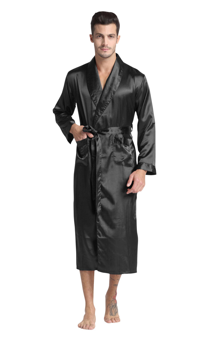 Men's Satin Long Robe with Shawl Collar-Black – Tony & Candice
