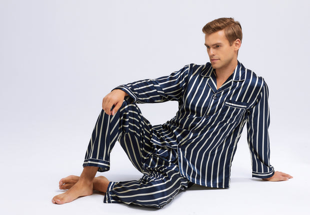 Men's Long Sleeve Black & White Striped Silk Pajama Set