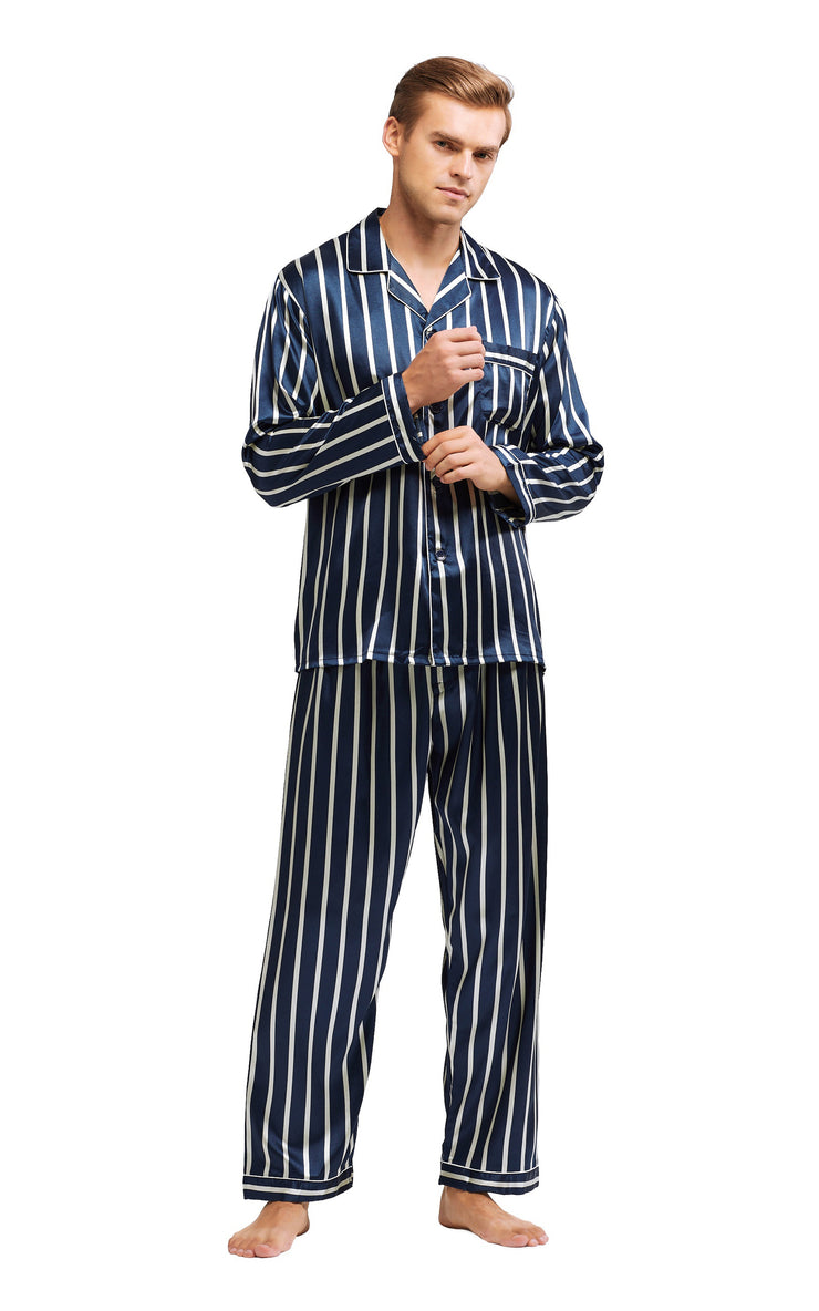 Men's Silk Satin Pajama Set Long Sleeve-Navy and Beige Striped – Tony ...