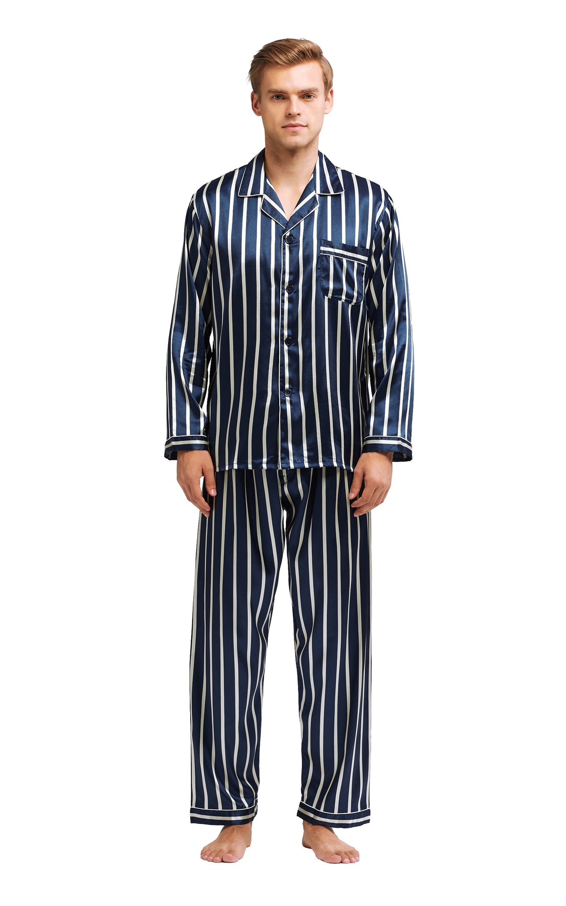 Men's Silk Satin Pajama Set Long Sleeve-Navy and Beige Striped – Tony ...