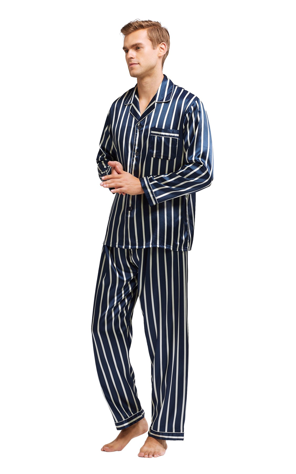 Men's Silk Satin Pajama Set Long Sleeve-Navy and Beige Striped – Tony ...