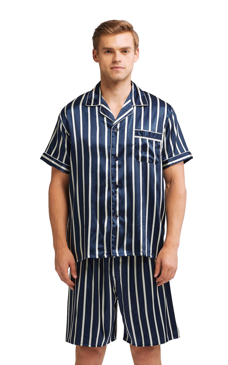 Men's Silk Satin Pajama Set Short Sleeve-Navy and Beige Striped – Tony ...
