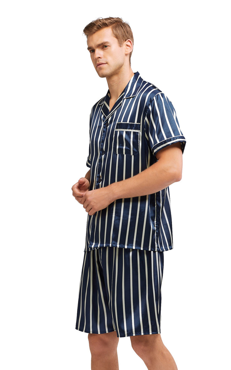 Men's Silk Satin Pajama Set Short Sleeve-Navy and Beige Striped – Tony ...