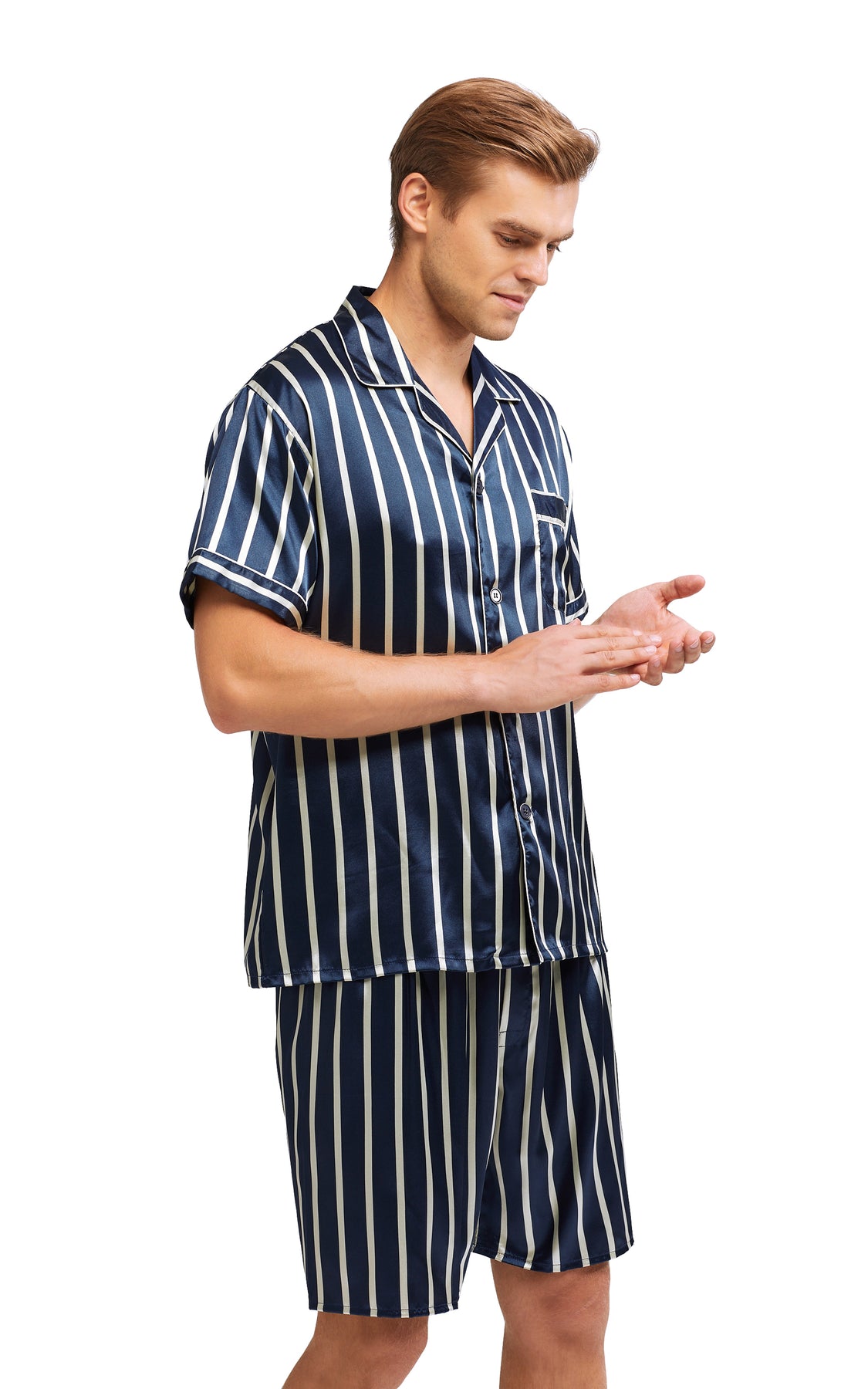 Mens Silk Satin Pajama Set Short Sleeve Navy And Beige Striped Tony 