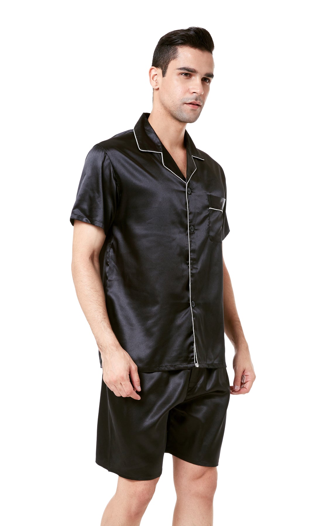 Men's Silk Satin Pajama Set Short Sleeve-Black with White Piping â Tony & Candice