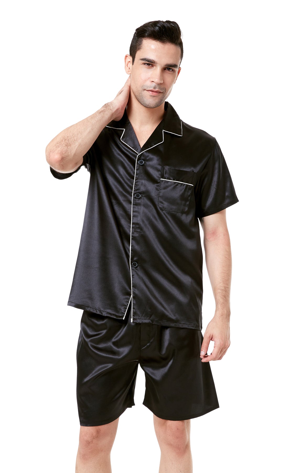 Mens Silk Satin Pajama Set Short Sleeve Black With White Piping Tony 