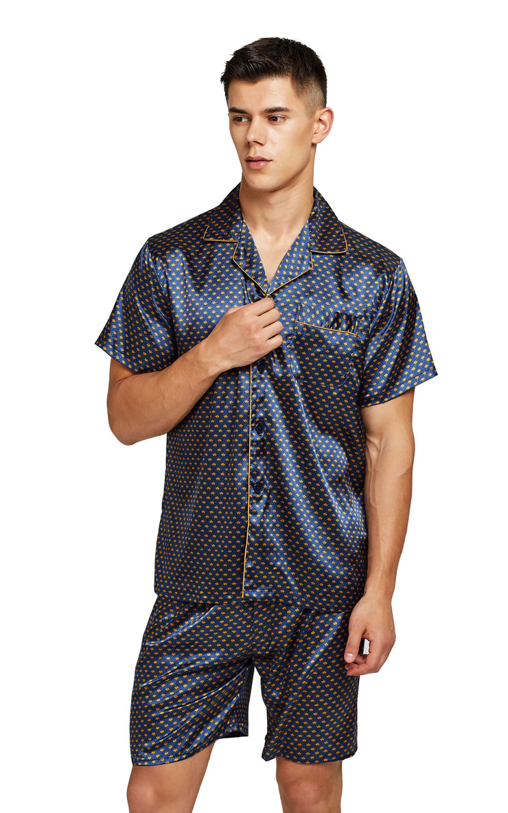 Mens Silk Satin Pajama Set Short Sleeve Navy And Golden Diamond Squre Tony And Candice 6882