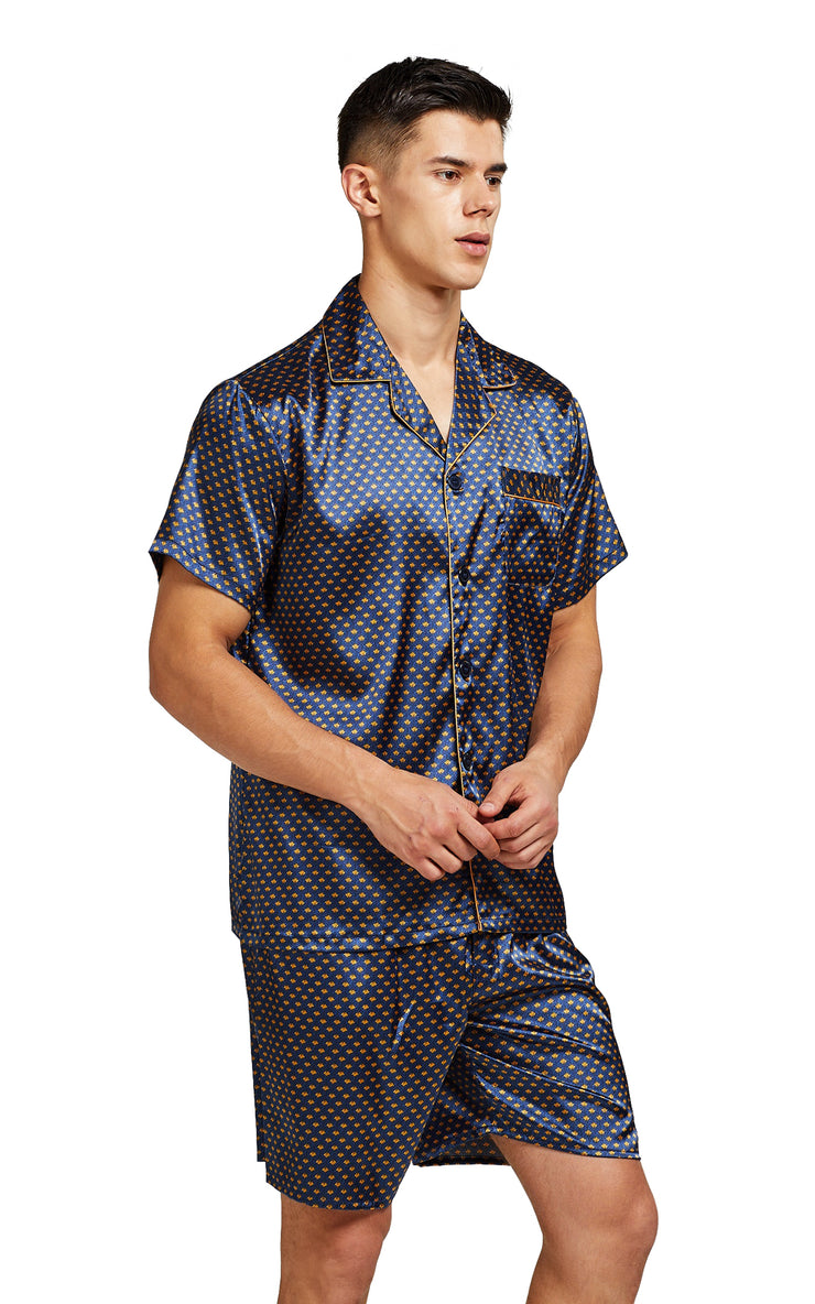 Men's Silk Satin Pajama Set Short Sleeve-Navy and Golden Diamond Squre ...