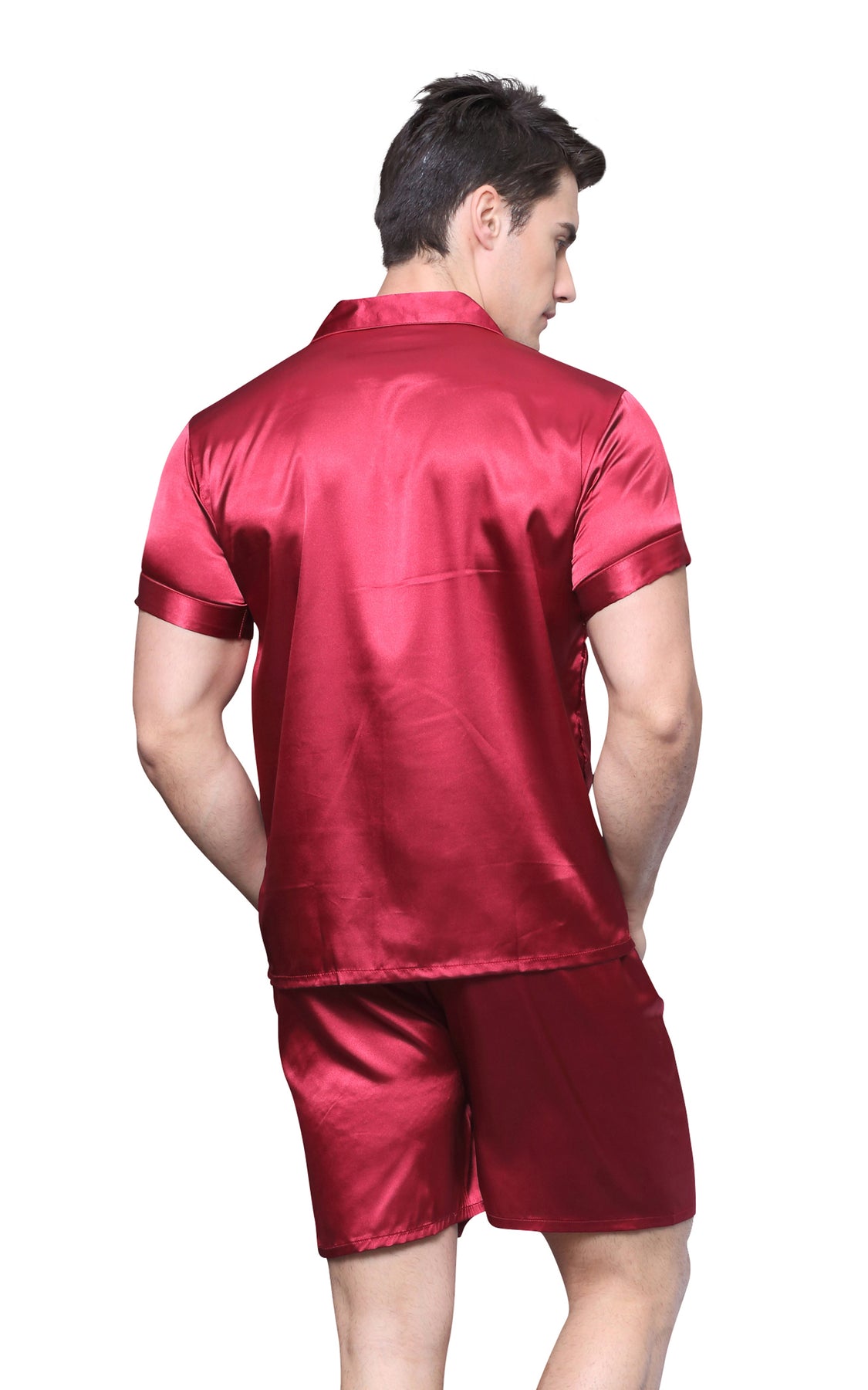 Mens Silk Satin Pajama Set Short Sleeve Burgundy Tony And Candice 