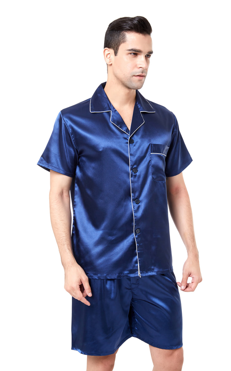 Men's Silk Satin Pajama Set Short Sleeve-Navy Blue with White Piping ...