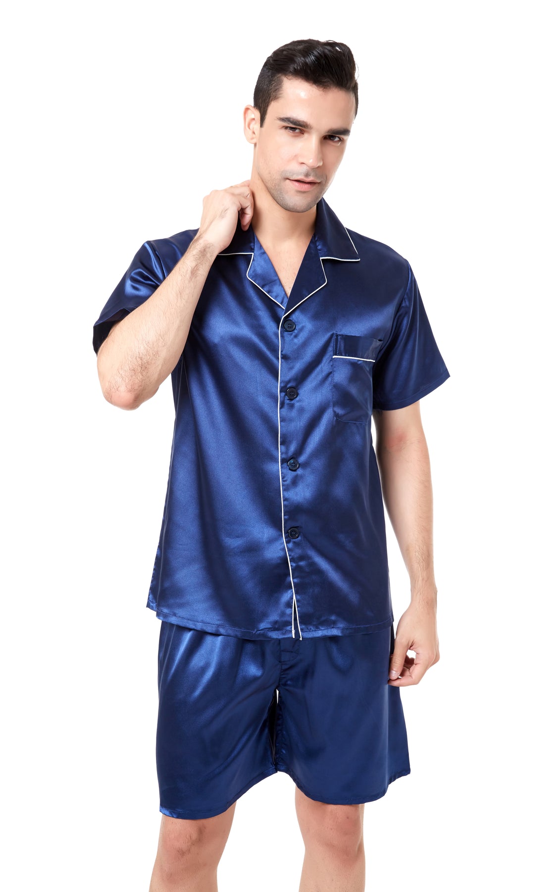 Men's Silk Satin Pajama Set Short Sleeve-Navy Blue with White Piping ...