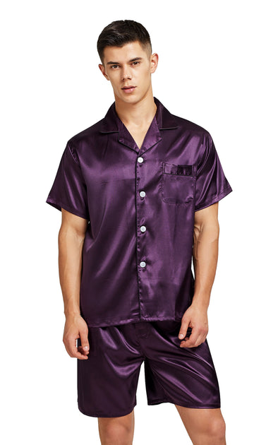 Mens Silk Satin Pajama Set Short Sleeve Dark Purple With Black Piping Tony And Candice 2532