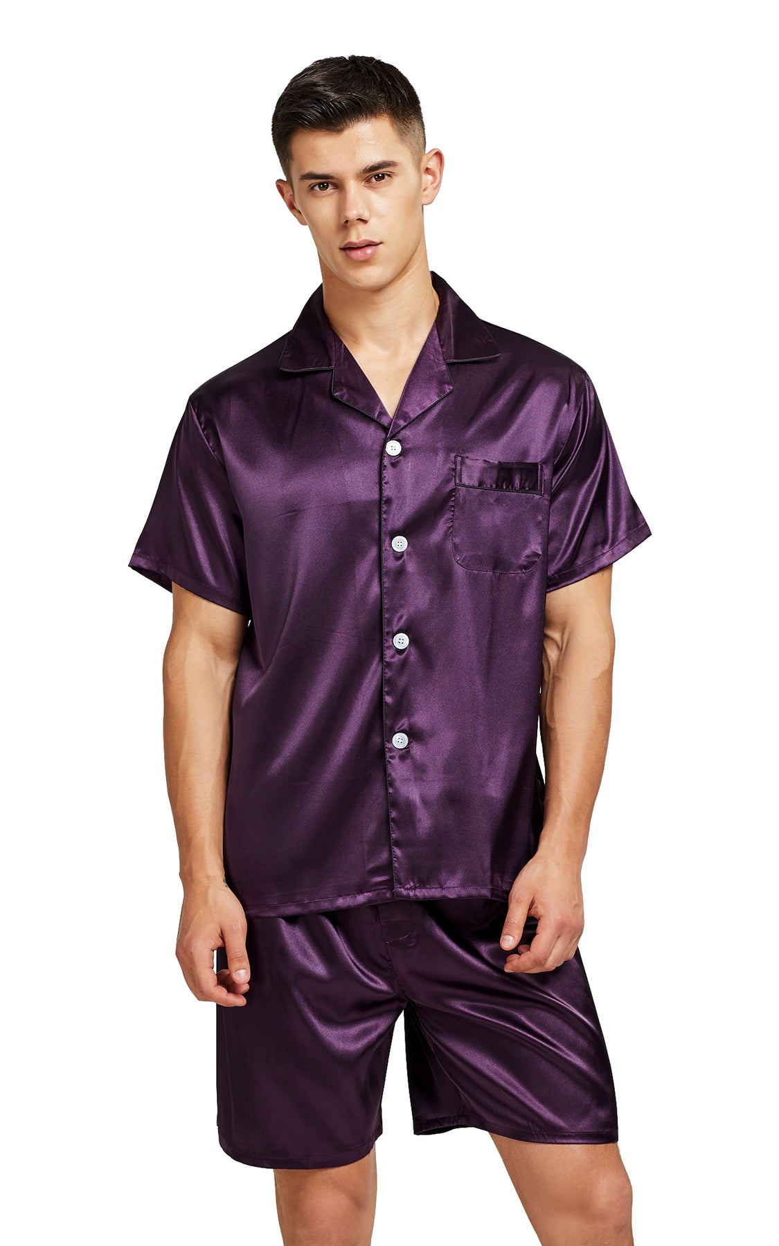 Mens Silk Satin Pajama Set Short Sleeve Dark Purple With Black Piping Tony And Candice 3777