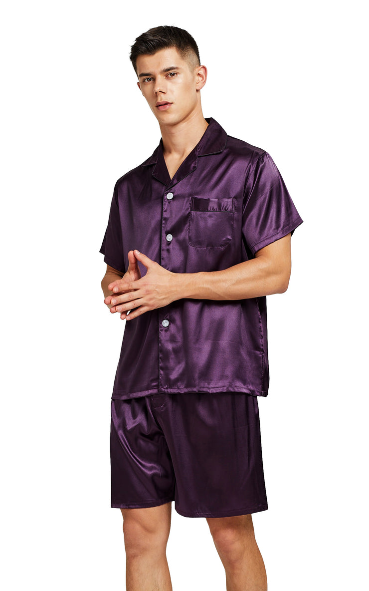 Men's Silk Satin Pajama Set Short Sleeve-Dark Purple with Black Piping ...