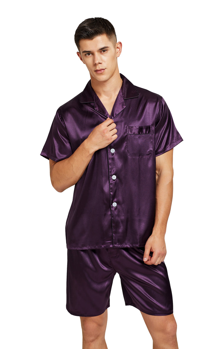 Men's Silk Satin Pajama Set Short Sleeve-Dark Purple with Black Piping ...