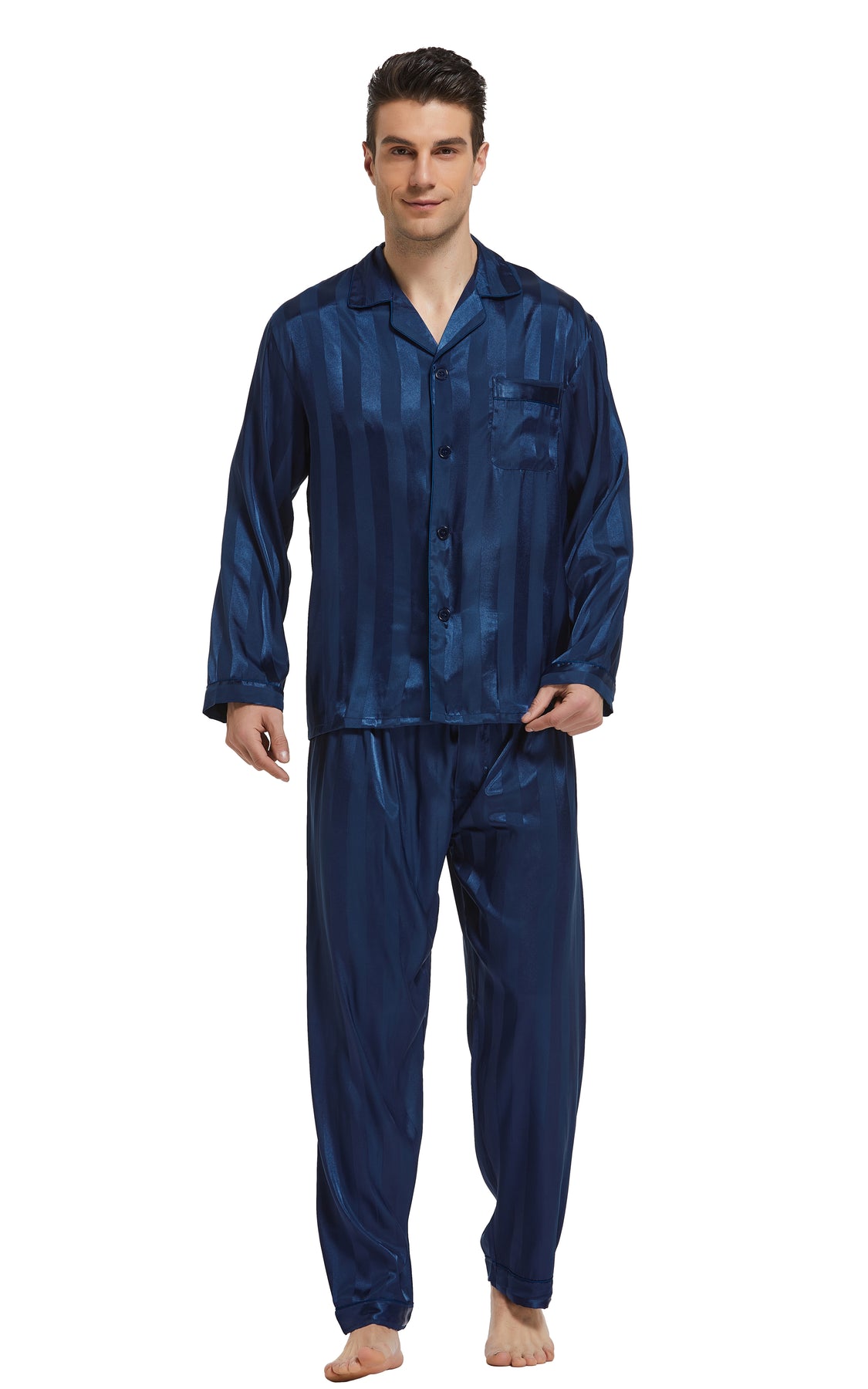 Men's Silk Satin Pajama Set Long Sleeve-Navy Blue Striped – Tony & Candice