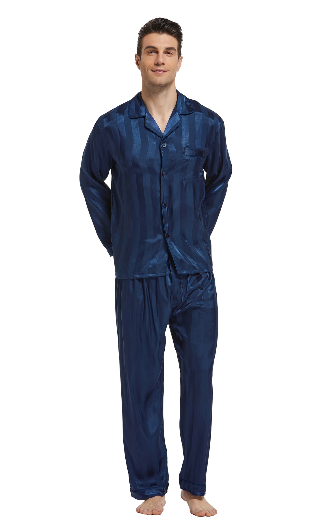 Men's Silk Satin Pajama Set Long Sleeve-Navy Blue Striped – Tony & Candice