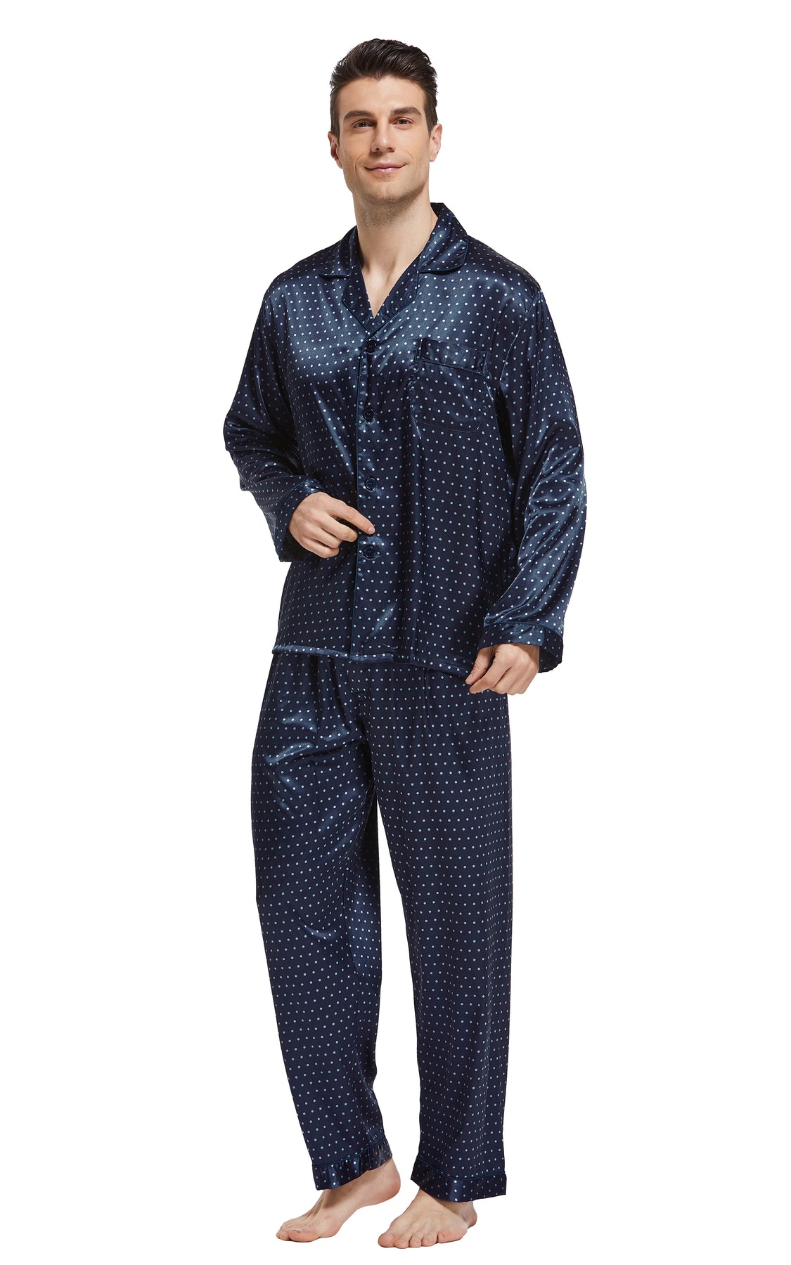 Men's Silk Satin Pajama Set Long Sleeve-Navy Blue with Polka Dots ...