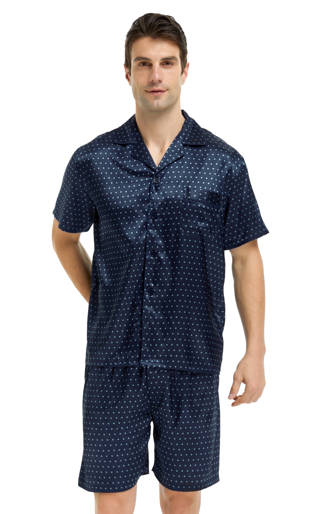 Men's Silk Satin Pajama Set Short Sleeve-Navy Blue with Polka Dots ...