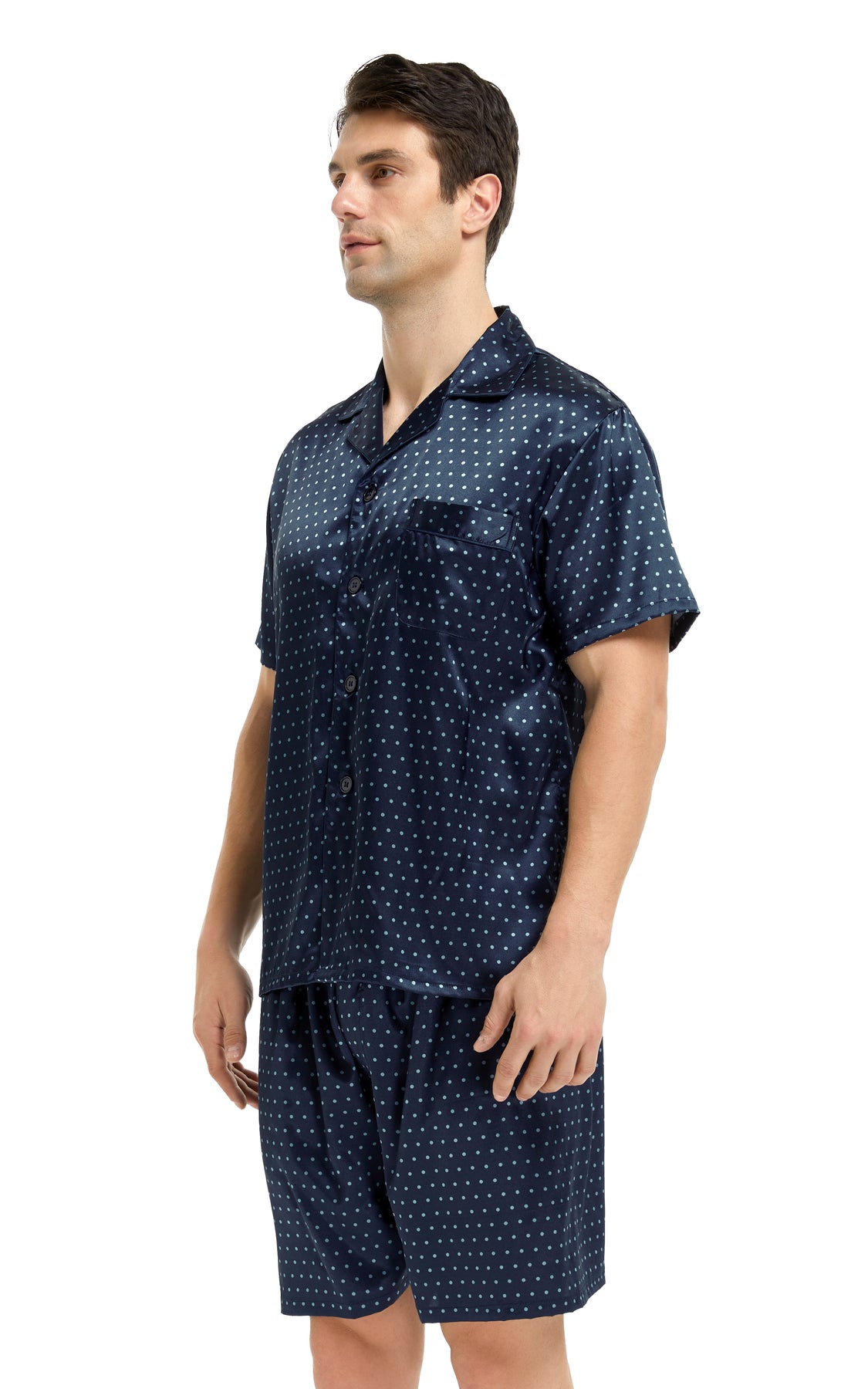 Men's Silk Satin Pajama Set Short Sleeve-Navy Blue with Polka Dots ...