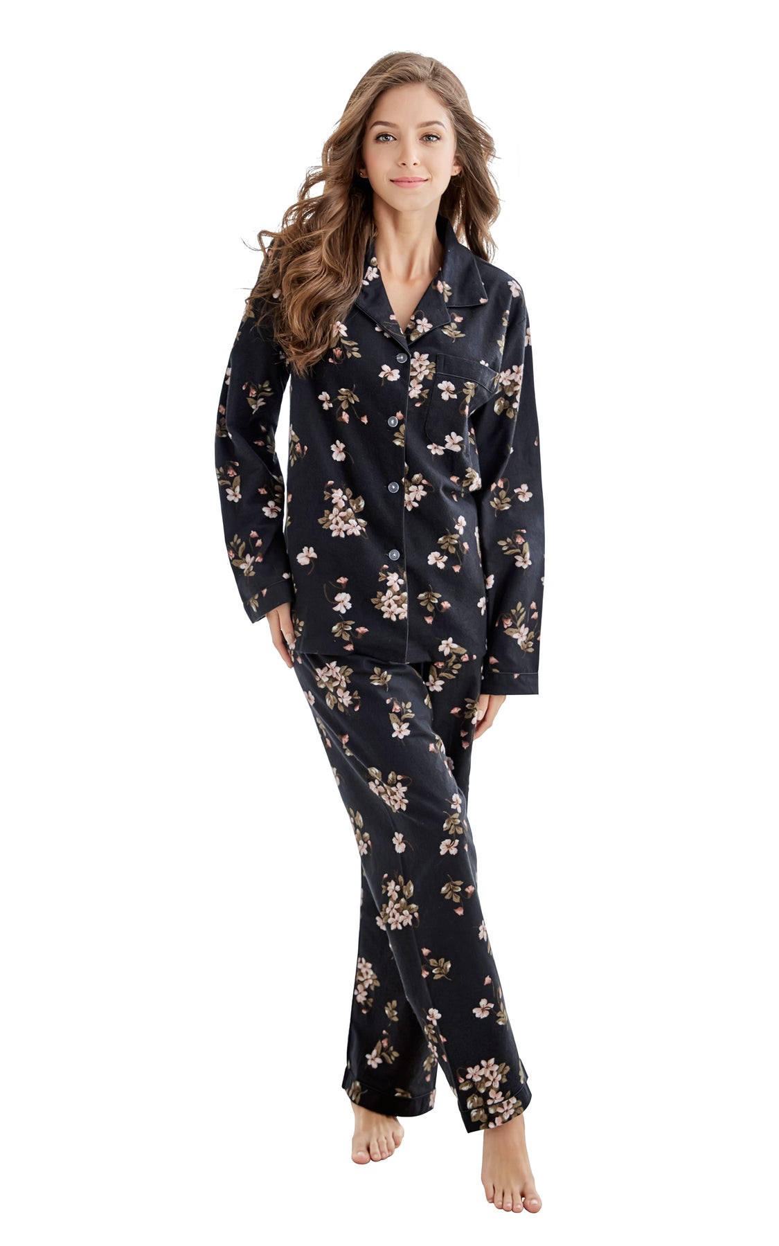 Womens Cotton Long Sleeve Flannel Pajama Set Black Floral Print Tony And Candice