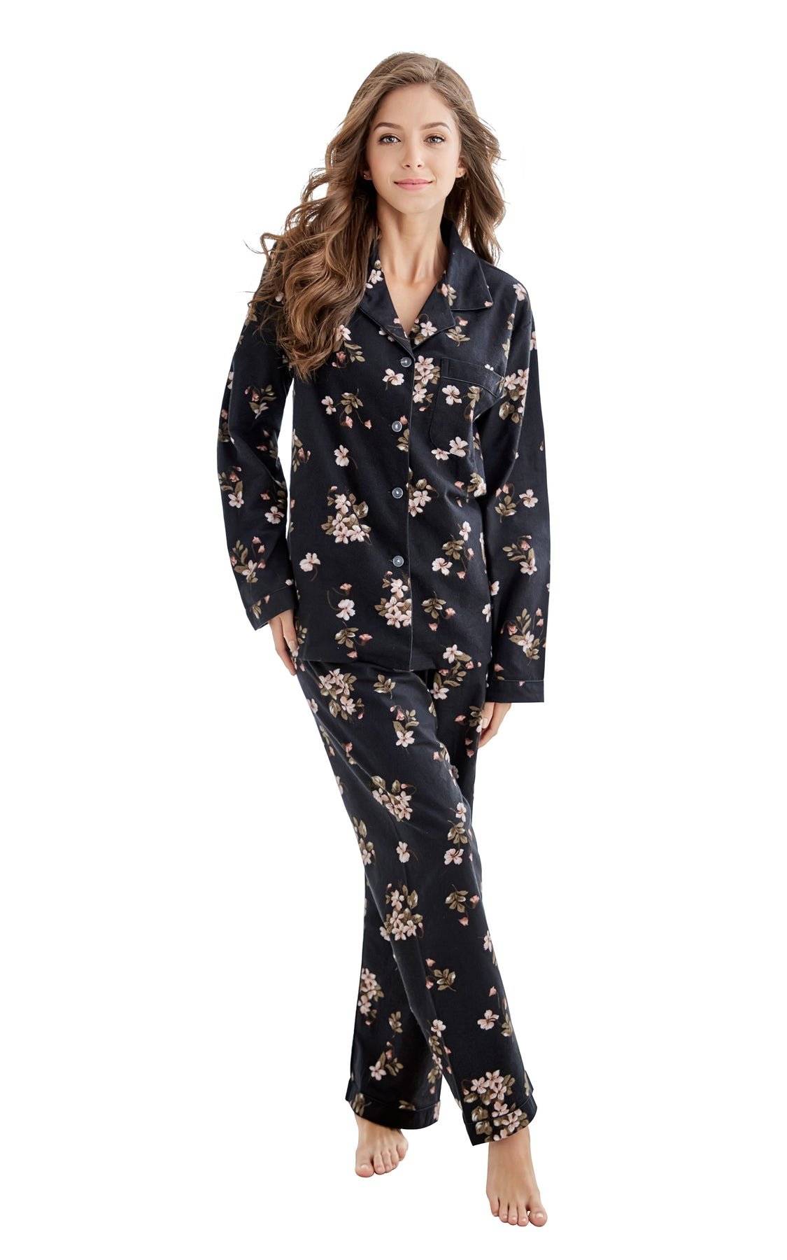 Womens Cotton Long Sleeve Flannel Pajama Set Black Floral Print Tony 