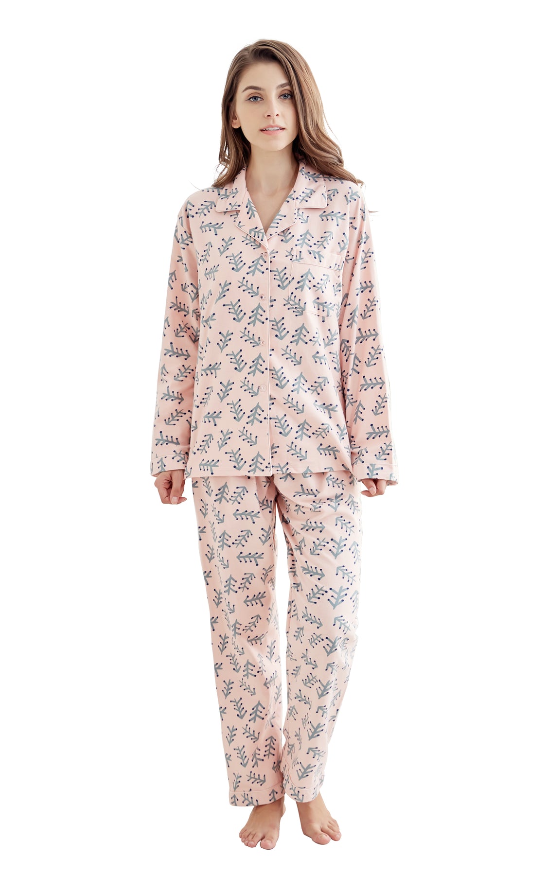 Women's Cotton Long Sleeve Flannel Pajama Set-Light Pink with Green Br ...