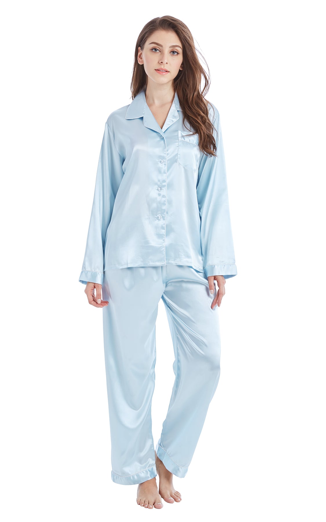 Women's Silk Satin Pajama Set Long Sleeve-Light Blue with White Piping ...