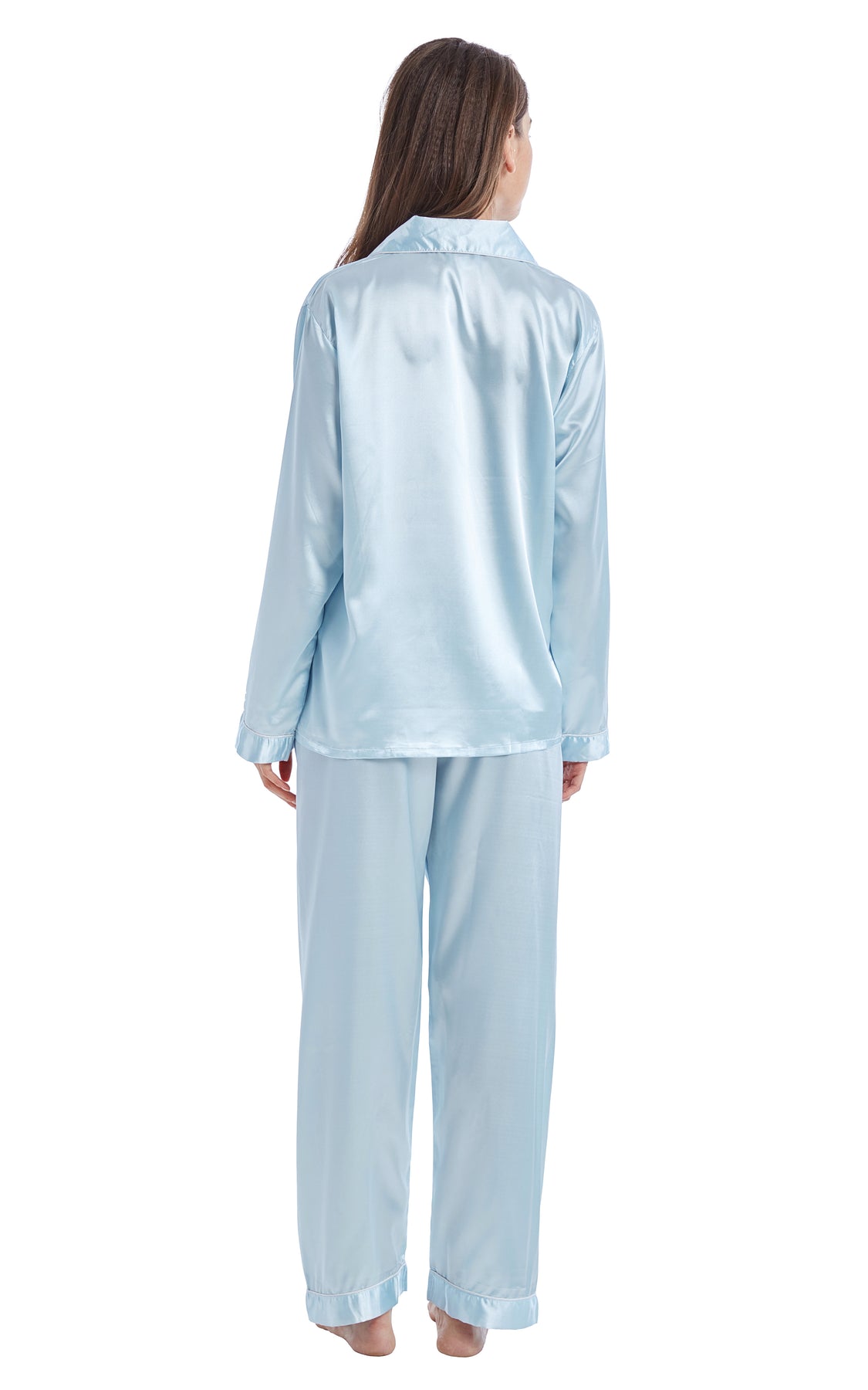 Womens Silk Satin Pajama Set Long Sleeve Light Blue With White Piping Tony And Candice 