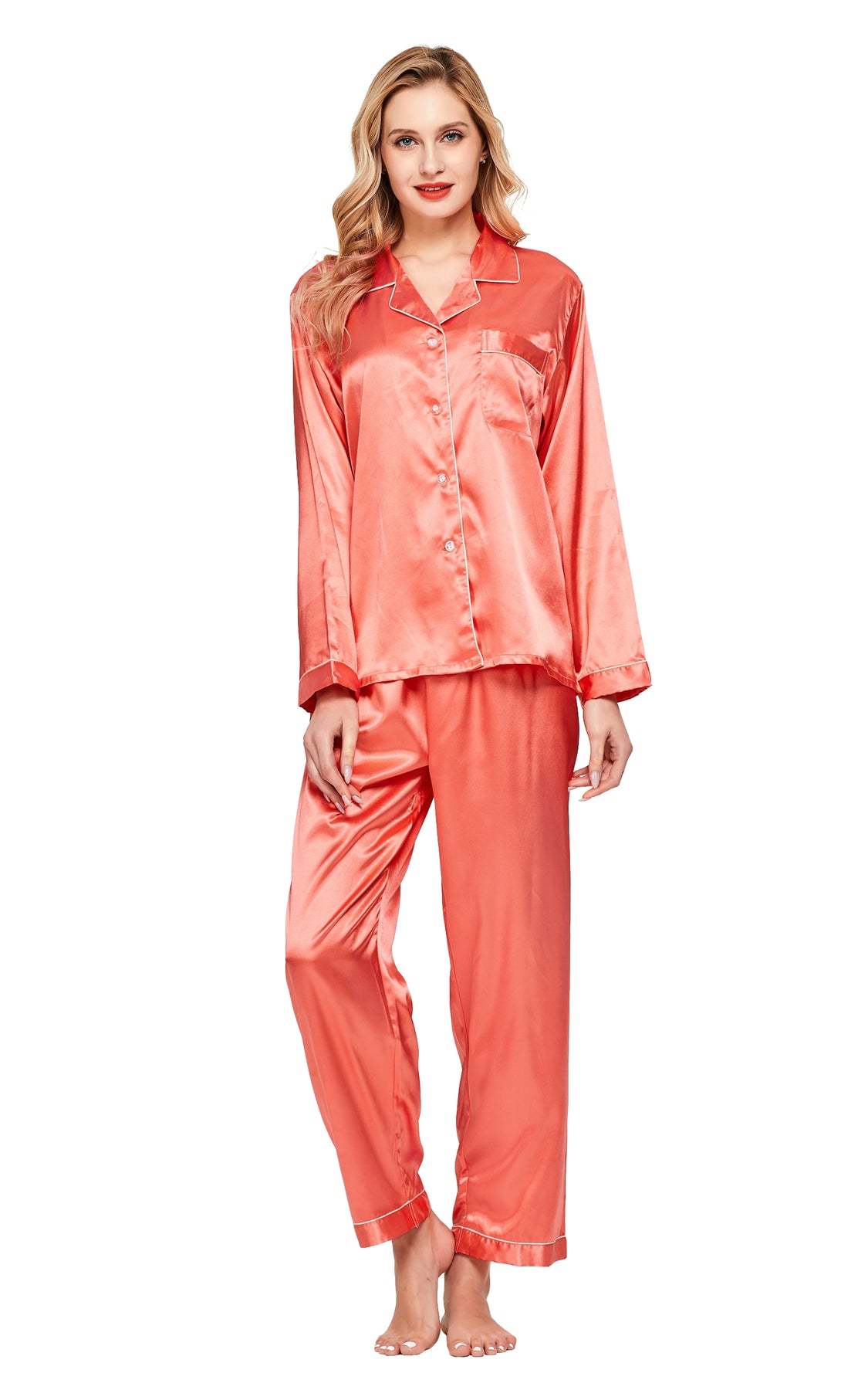 Womens Silk Satin Pajama Set Long Sleeve Living Coral With White Pipi Tony And Candice 