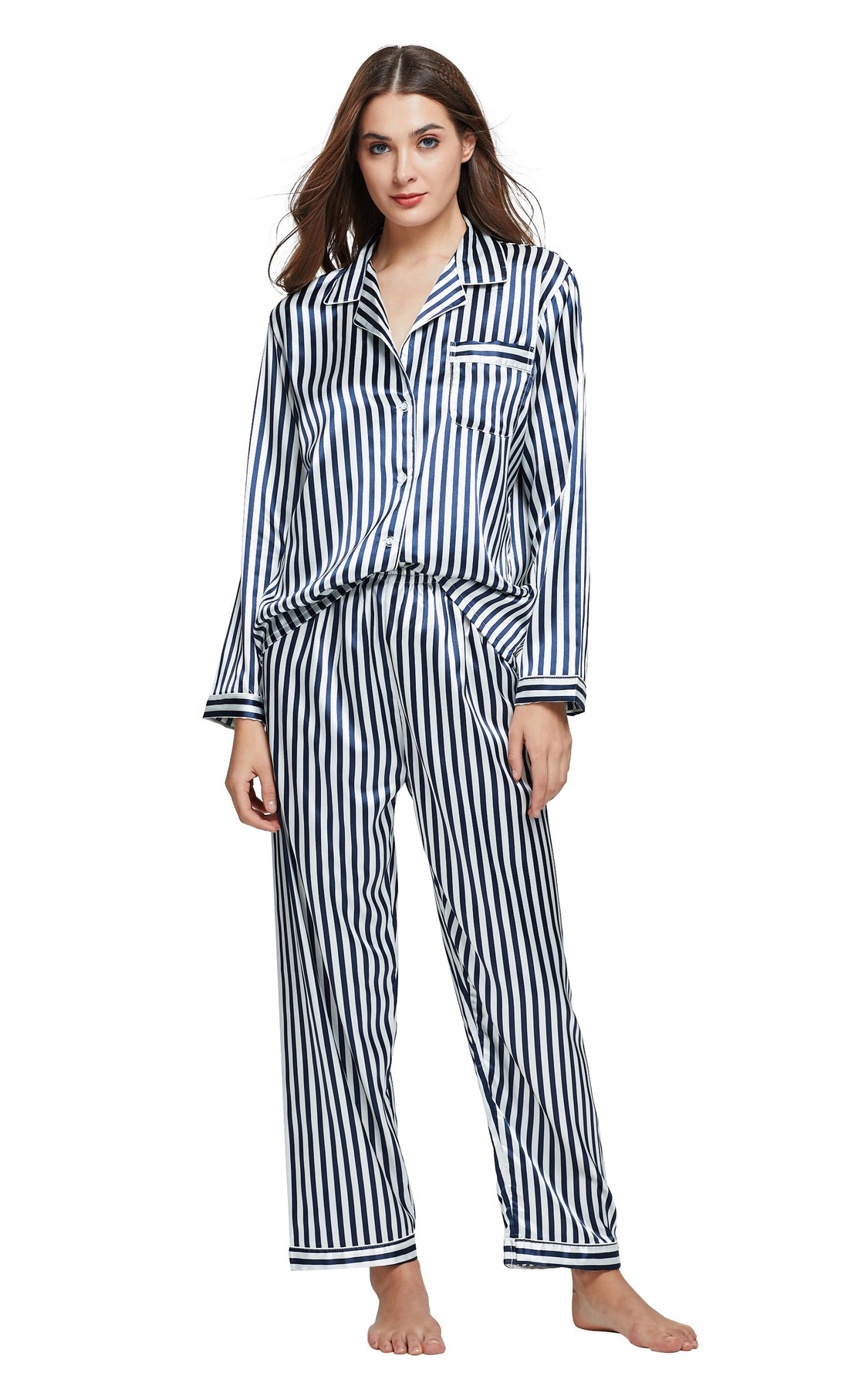 Womens Silk Satin Pajama Set Long Sleeve Navy And White Striped – Tony