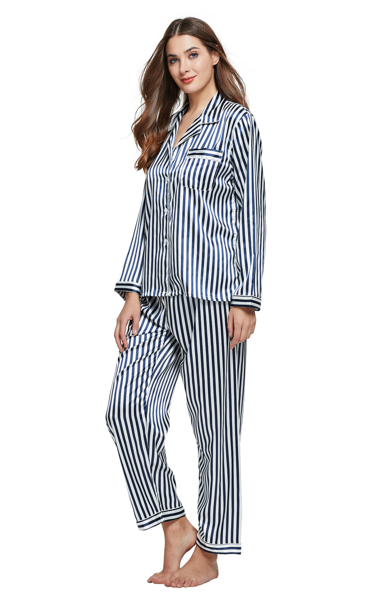 Women's Silk Satin Pajama Set Long Sleeve-Navy and White Striped – Tony ...