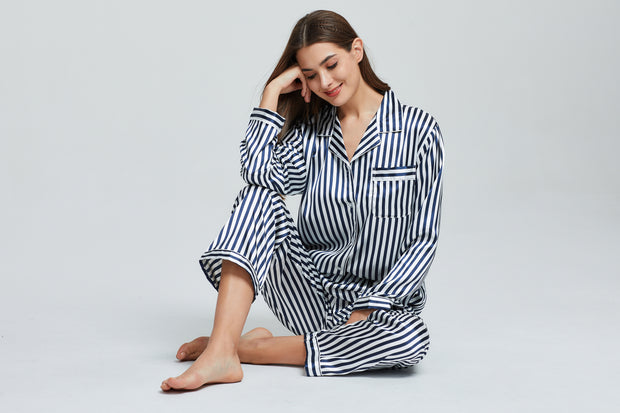 VSERETLOON Women's Silk Pajamas Set Striped Silk Satin Pajamas
