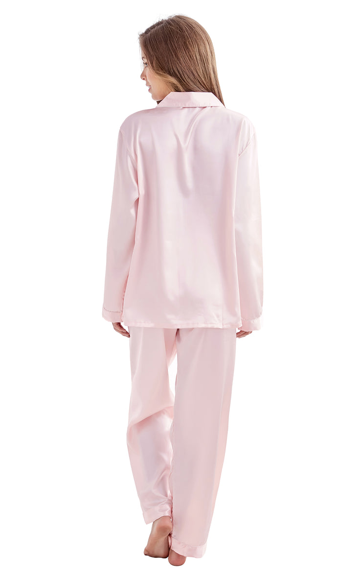 Womens Silk Satin Pajama Set Long Sleeve Light Pink With White Piping Tony And Candice 
