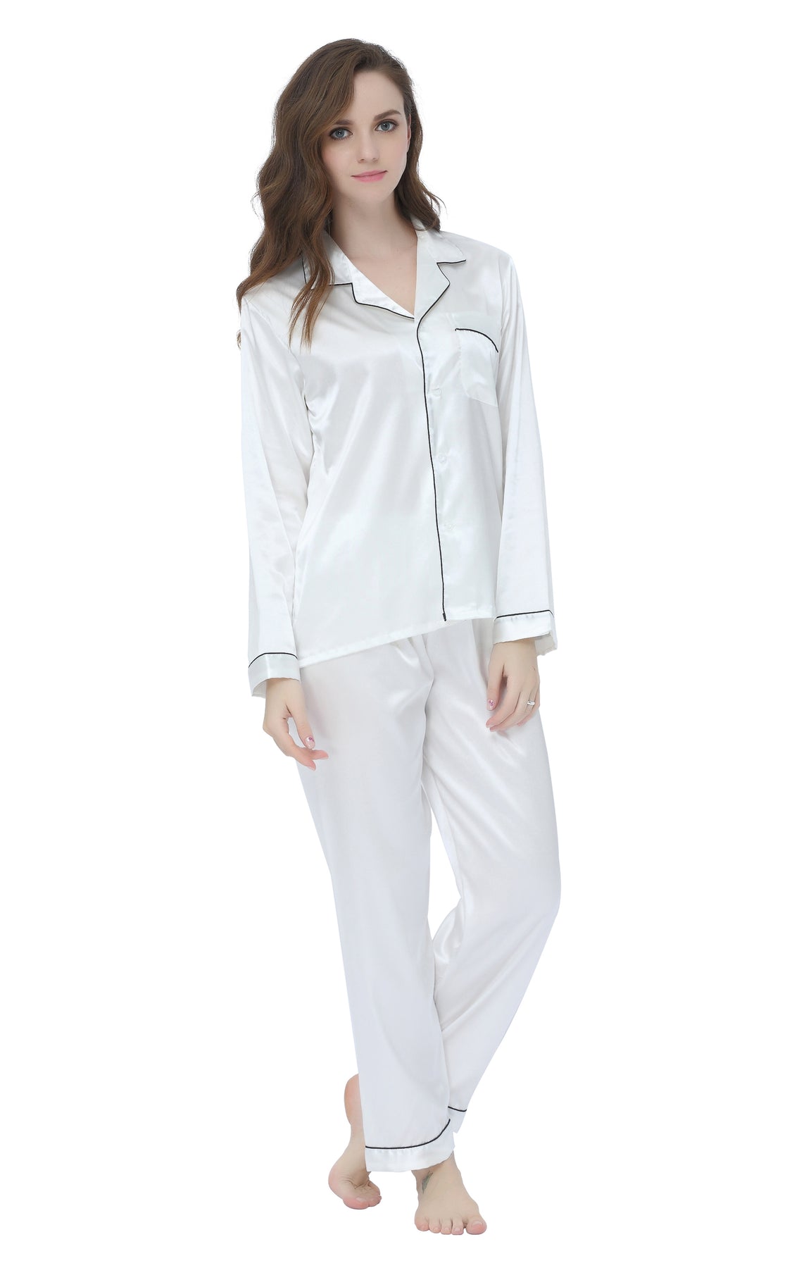 Womens Silk Satin Pajama Set Long Sleeve White With Black Piping Tony And Candice 