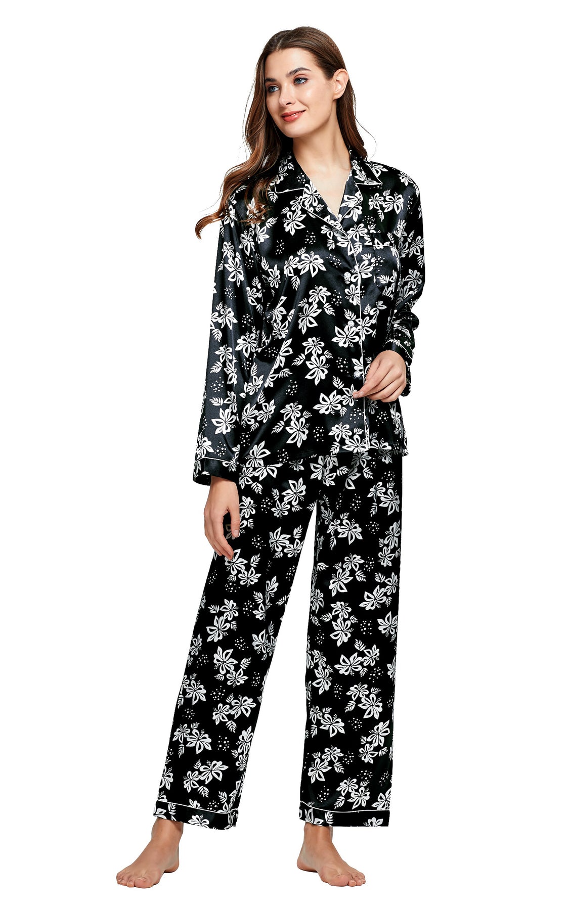 Womens Silk Satin Pajama Set Long Sleeve Black With White Floral Prin Tony And Candice 